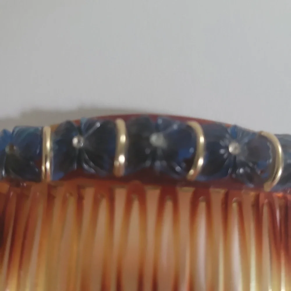 Vintage Italy Tortoise Resin Hair Comb Blue Floral Accents‎ One Size Cottagecore